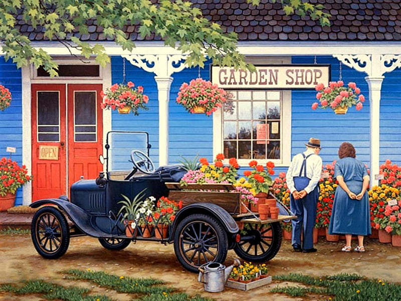 Garden Shop, tree, people, car, flowers, store, red door, blue shoppe, HD wallpaper