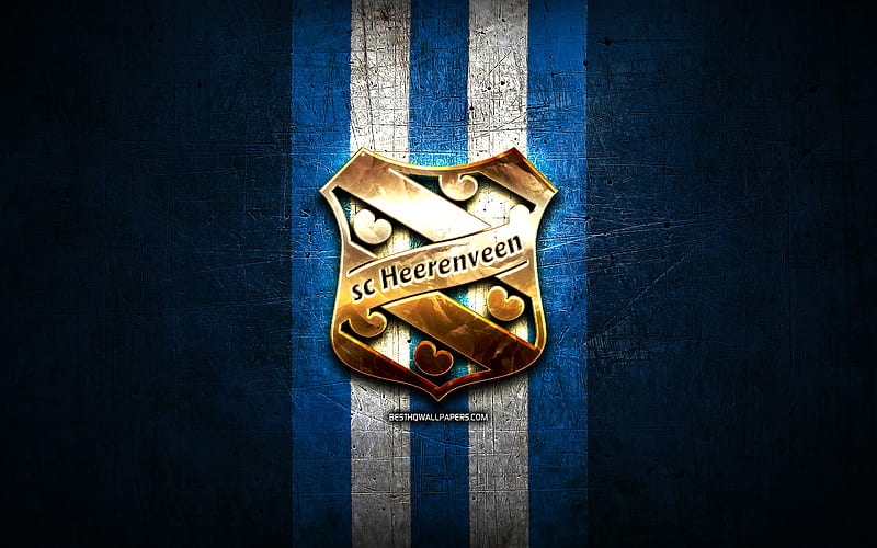Heerenveen FC, golden logo, Eredivisie, blue metal background, football, SC Heerenveen, Dutch football club, Heerenveen logo, soccer, Netherlands, HD wallpaper