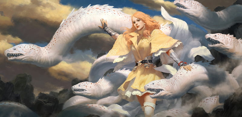 Moray summoner, fantasy, luminos, girl, kilart, white, creature, HD wallpaper