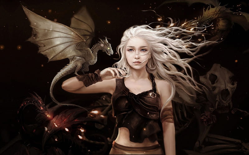 Daenerys Targaryen, fantasy, girl, game of thrones, queen, dragon, HD wallpaper