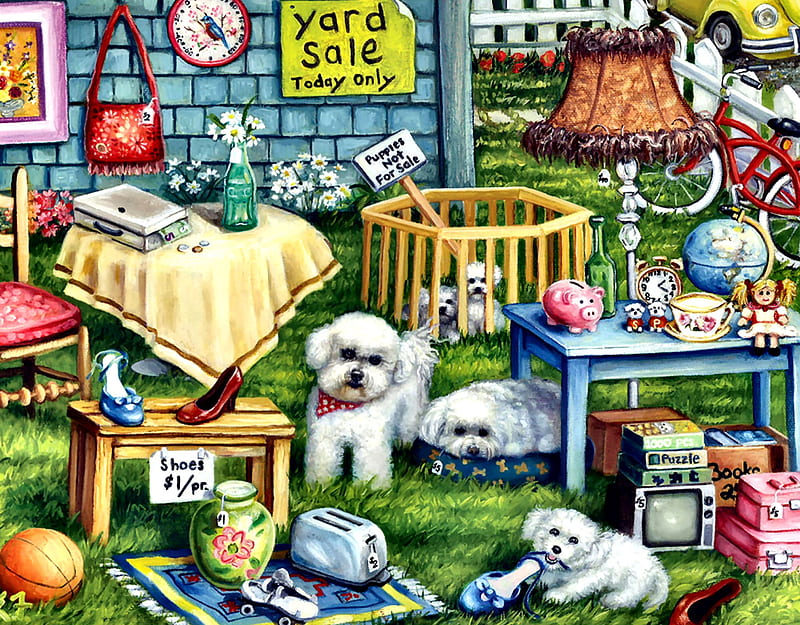 Yard Sale F, art, bonito, pets, artwork, canine, animal, painting, wide screen, Bichon Frise, dogs, HD wallpaper