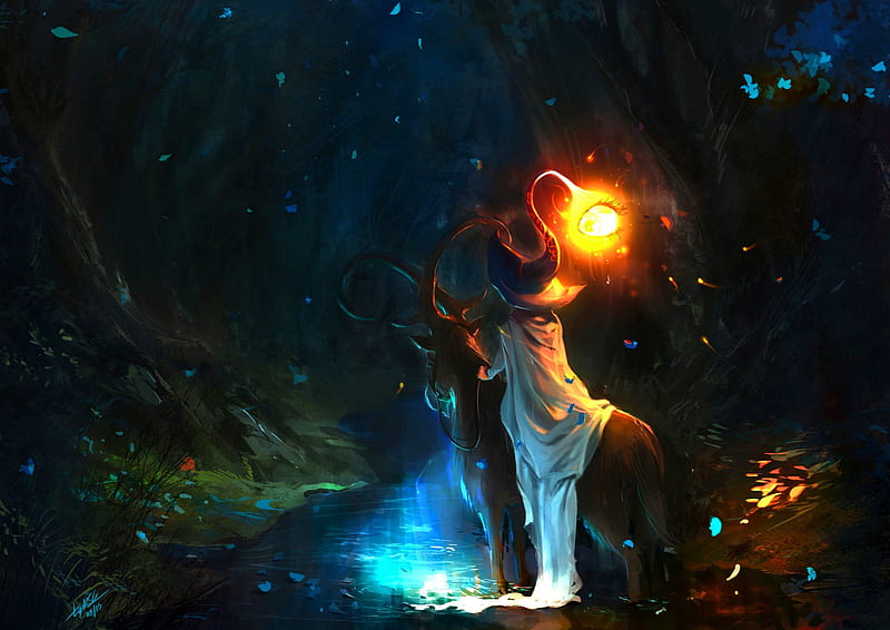 The wizard's journey into the dark forest, stream, journey, travel, woods, magic, artwork, deer leaves, fantasy darkness, painting, SkyPhoenixX1, light, forest, trees, horse, abstract, wizard, hat, enchanting, sorcerer, into the dark forest, HD wallpaper