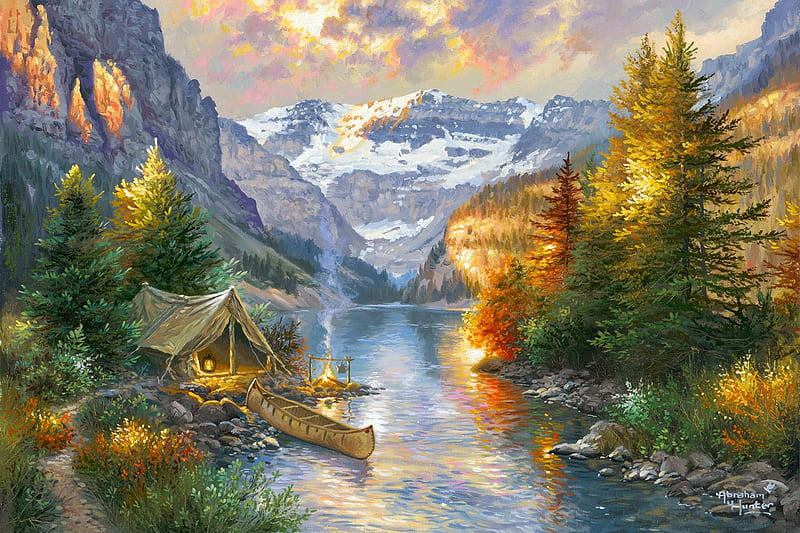 Rocky Mountain Campsite, mountains, boat, painting, tent, campfire, river, trees, artwork, HD wallpaper