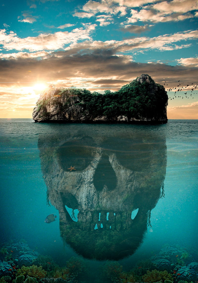 skull, island, mystical, mysterious, ocean, HD phone wallpaper