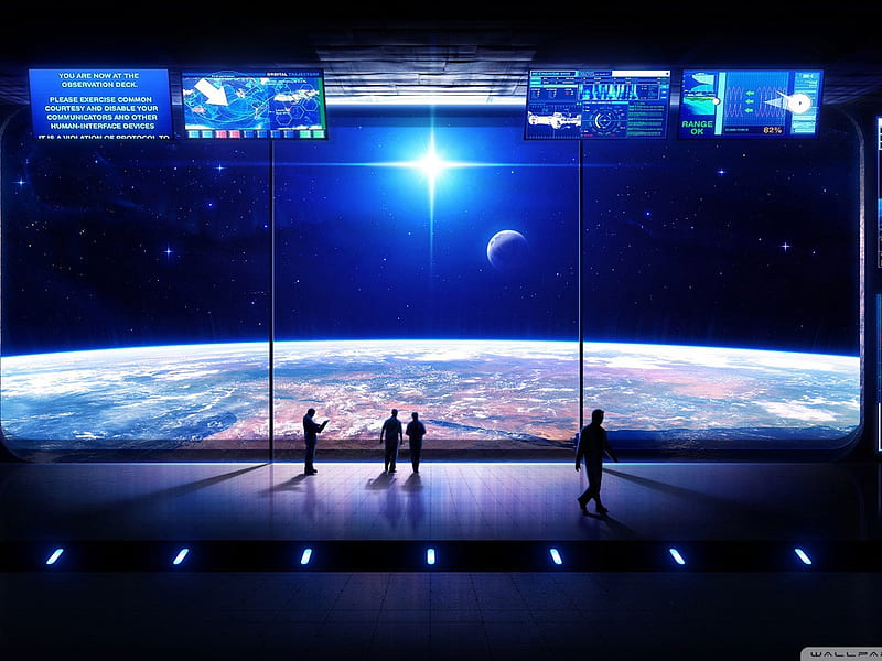 observation deck, moon, sun, planet, people, lights, monitors, HD wallpaper
