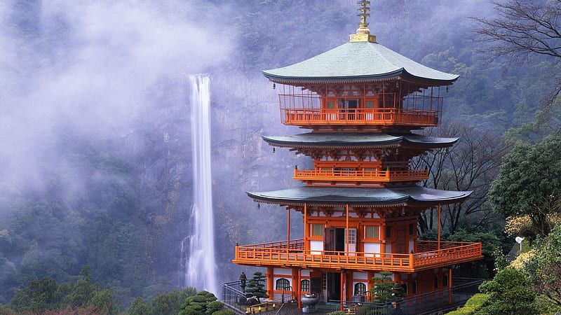 japan, temple, waterfall, rocks, HD wallpaper