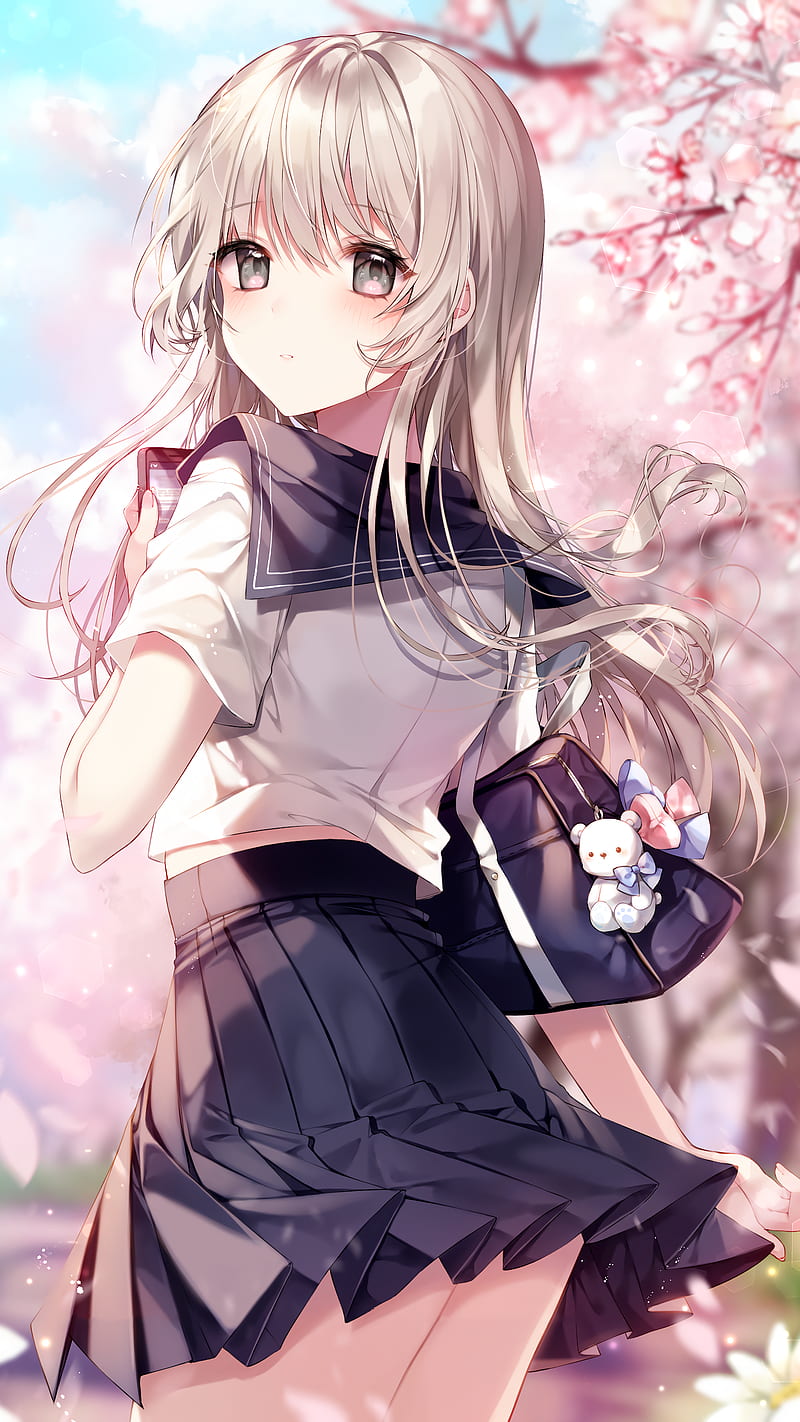 anime, anime girls, long hair, white hair, school uniform, cherry blossom, Taya Oco, HD phone wallpaper