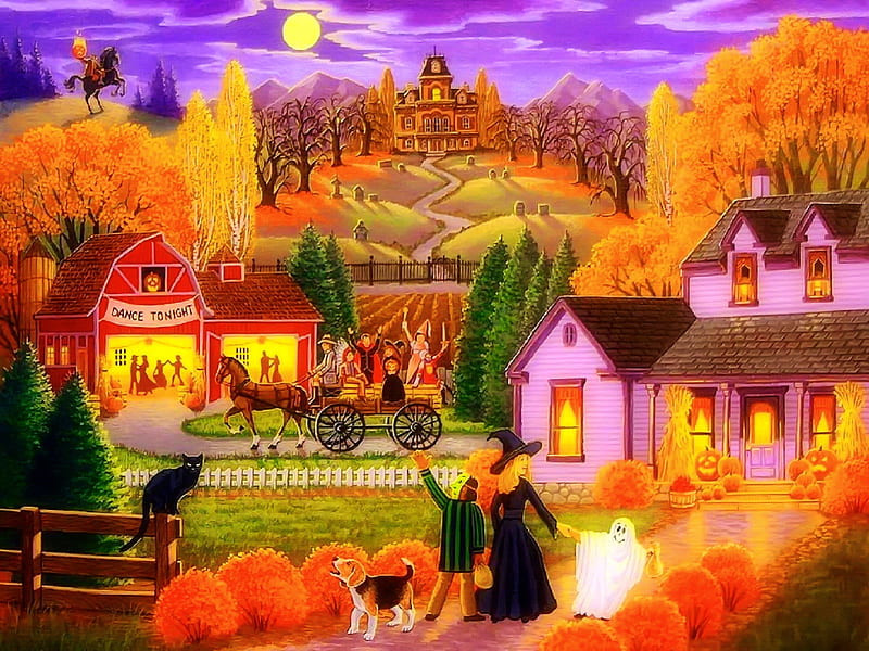 October, witch, colorful, art, autumn, holiday, halloween, houses, moon, painting, village, dance, pumpkins, HD wallpaper