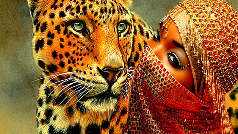 ★Arab Girl with Tiger★, artistic, pretty, colorful, wonderful, together, bonito, women, sweet, Tiger, fantasy, Arab Girl, splendor, face, girls, friends, gorgeous, animals, female, lovely, colors, lashes, jewelry, cute, magical, eyes, HD wallpaper