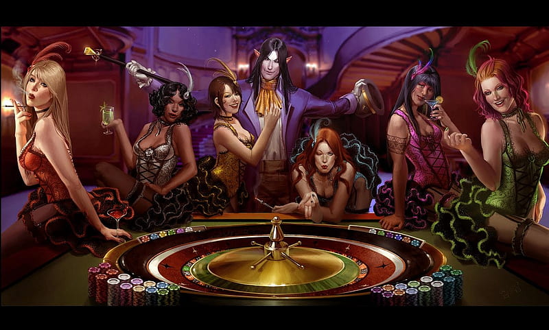 Roulette, gambling, fantasy, elf, chips, roulette wheel, man, show girls, HD wallpaper