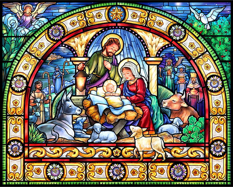 Stained Glass Holy Night F, Christmas, art, holiday, stained glass, December, bonito, illustration, artwork, painting, wide screen, occasion, scenery, HD wallpaper
