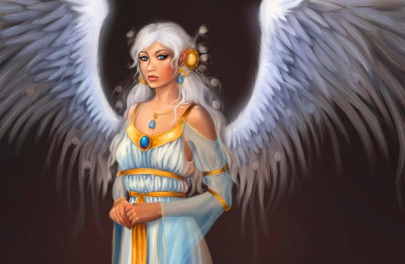 Seraphim, wings, girl, angel, feather, black, emilia pawlikowska, white, art, luminos, fantasy, HD wallpaper
