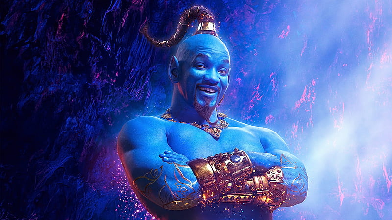 Aladdin 2019, fantasy, aladdin, movie, man, genie, blue, disney, poster, luminos, Will Smith, HD wallpaper