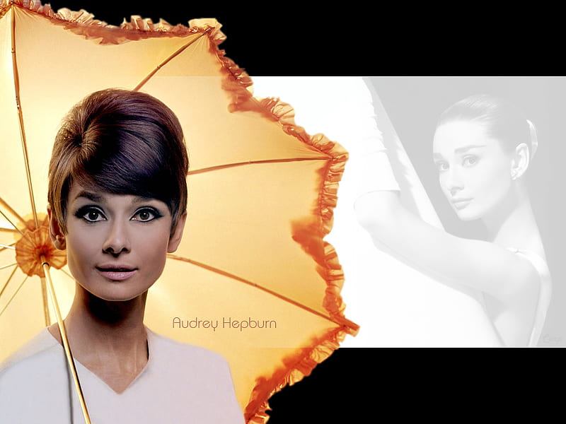 Audrey Hepburn, female, cute eyes, actress, umbrella, elegant, HD wallpaper