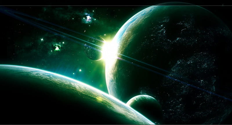 Green Planetscape, stars, planets, green, space, galaxies, HD wallpaper