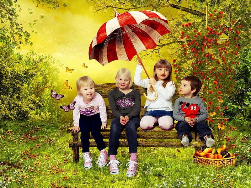 Kids in magical forest, sun, fruits, umbrella, sunstream, fantasy, flowers, girls, kids, forest, sunlight, butterflies, smiling, trees, boys, rays, basket, magical, summer, funny, nature, HD wallpaper