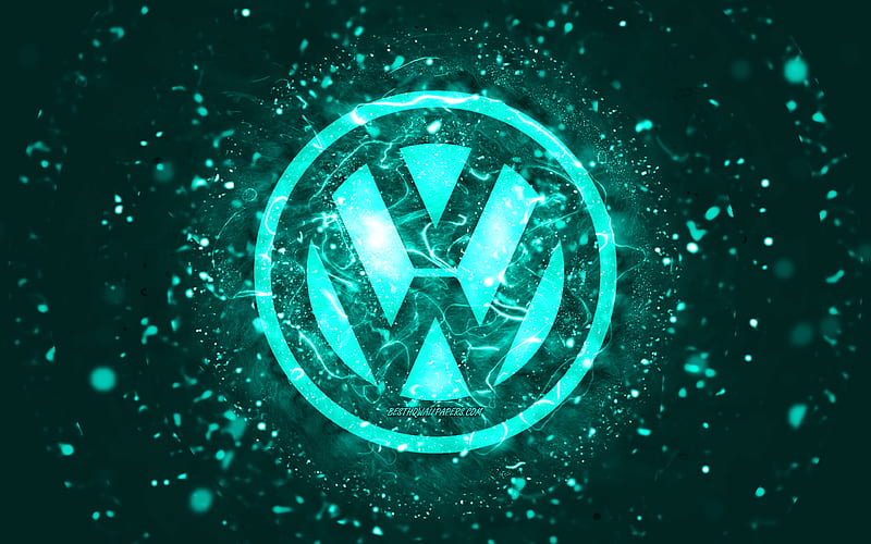 Volkswagen turquoise logo, , turquoise neon lights, creative, turquoise abstract background, Volkswagen logo, cars brands, Volkswagen, HD wallpaper