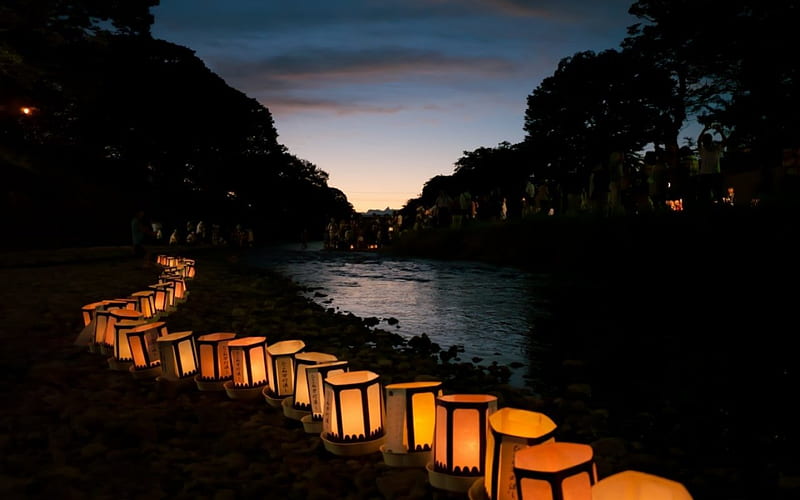 Japanese Lantern, festival, lanterns, japanese, japan, oriental, matsuri, nature, river, scenery, night, HD wallpaper