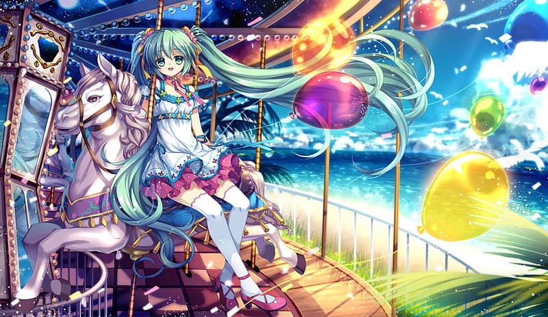 Hatsune Miku, cg, nice, anime girl, realistic, art, twintail, ocean, waves, singer, aqua eyes, hatsune, digital, white, idol, artistic, merry-go-round, bonito, thighhighs, program, fair, sand, green, party, blue, music, melody, smile, horse, song, balloons, virtual, nature, pretty, yellow, clouds, beach, anime, beauty, vocaloids, real, black, miku, trees, sky, happy, cute, cool, awesome, fence, colorful, dress, queen, sea, feathers, vocaloid, outfit, realism, colors, diva, carnival, girl, carousel, aqua hair, white dress, princess, HD wallpaper