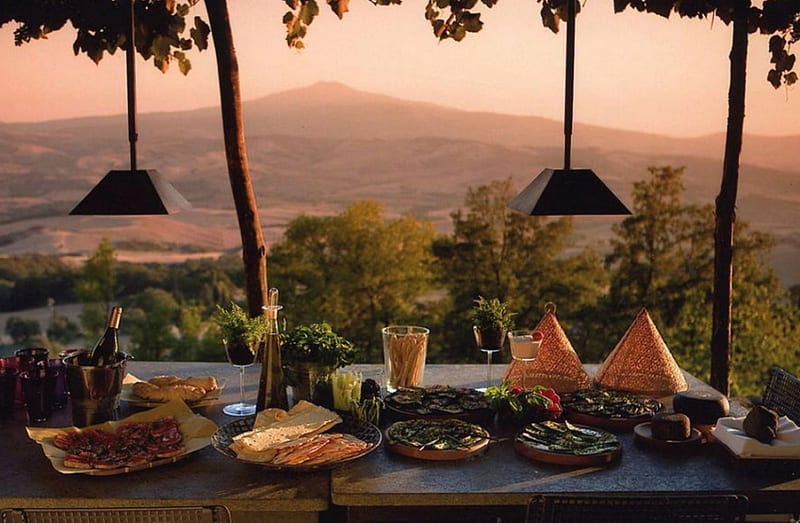 Tuscany Sunset, veranda, diner, foodstuff, lights, landscape, HD wallpaper