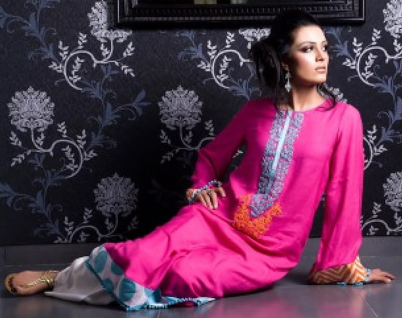 Pakistan Home Look, electric pink, dress, orange, pakistan, entertainment, bonito, fashion, young girl, HD wallpaper