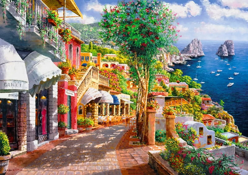 Capri, shore, travel, sailing, bonito, countryside, boats, painting, village, flowers, street, art, rest, vacation, lovely, town, sky, paradise, peaceful, summer, walk, sailboats, coast, HD wallpaper
