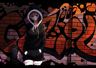 Girl With Blue Eyes Jacket Bricks Graffiti Paint Wall Anime HD