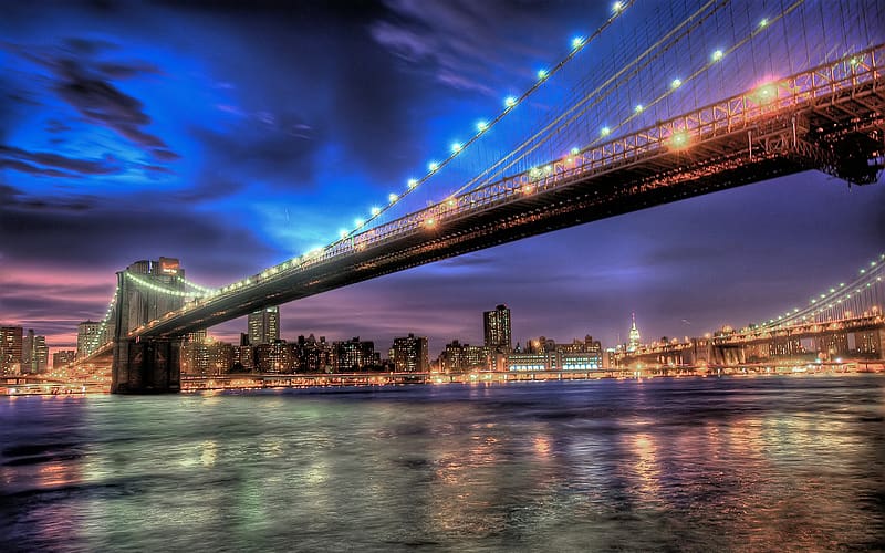 Bridges, Night, City, Light, Bridge, New York, Brooklyn Bridge, HD wallpaper