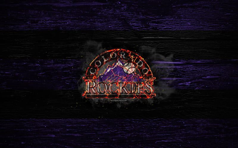 Colorado Rockies, fire logo, MLB, violet and black lines, american baseball team, grunge, baseball, Colorado Rockies logo, wooden texture, USA, HD wallpaper