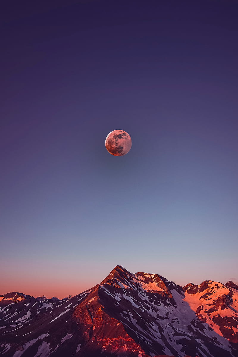 mountains, moon, full moon, sunset, HD phone wallpaper