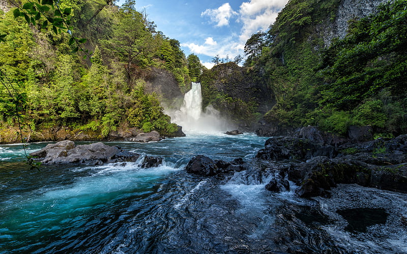 beautiful waterfall, river, forest, jungle Neltume, Chile, Panguipulli, HD wallpaper