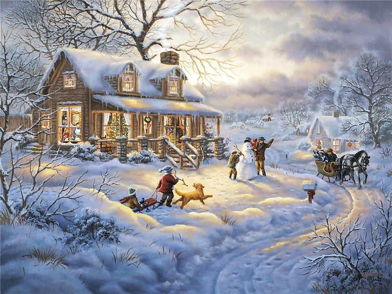 Last Of Winter, sleigh, fresh, children, home, fun, country, horse, snowman, outdoors, winter, snow, village, nature, activity, dog, HD wallpaper