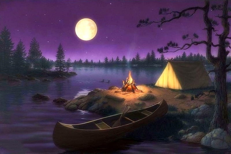 Moonlight Retreat, moons, lakes, fall season, autumn, tent, love four seasons, campfire, attraction in dreams, canoe, paintings, nature, night, HD wallpaper