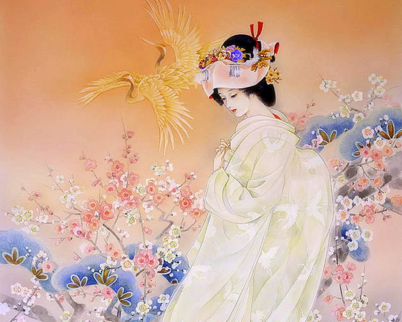 Kihaku, culture, lovely, japanese, love four seasons, birds, bonito, digital art, woman, kimono, cherry blossoms, elegance, weird things people wear, flowers, asian, lady, HD wallpaper