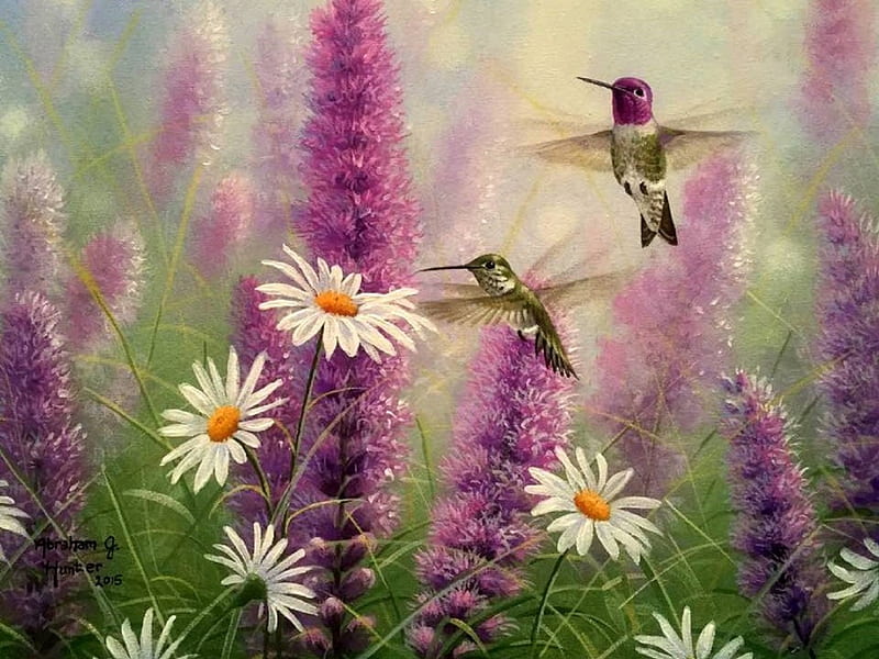 Flutter Rapidly, pretty, hummingbirds, love four seasons, birds, cute, paintings, wildflowers, lovely flowers, animals, HD wallpaper