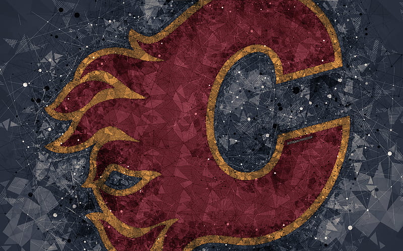 Calgary Flames Canadian hockey club, creative art, logo, creative geometric art, emblem, NHL, purple abstract background, Calgary, Alberta, Canada, USA, hockey, National Hockey League, HD wallpaper