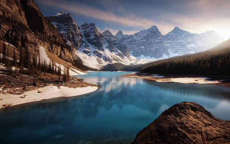 Moraine Lake, mountain landscape, glacial lake, spring, forest, Banff, Canada, Lake Louise, HD wallpaper