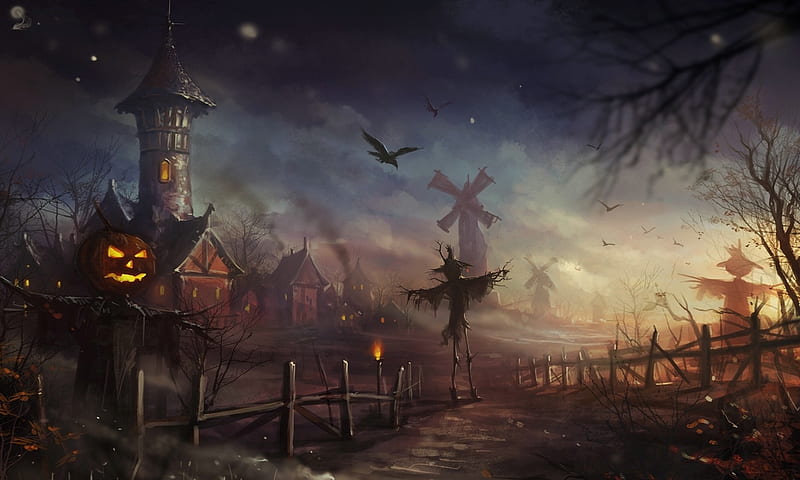 Halloween Night, scarecrows, darkness, pumpkin, digital, scary, Halloween, Old house, Crows, bleak, HD wallpaper