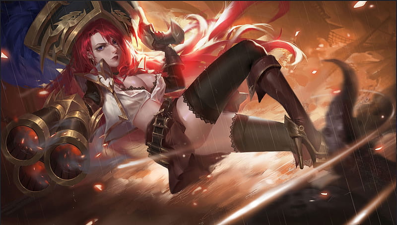 Miss Fortune, yue zhang, fantasy, redhead, luminos, girl, lol, league of legends, HD wallpaper