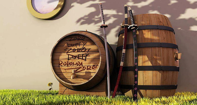 Zoro's Katanas, weapons, swords, grass, anime, katana, barrels, one piece, HD wallpaper