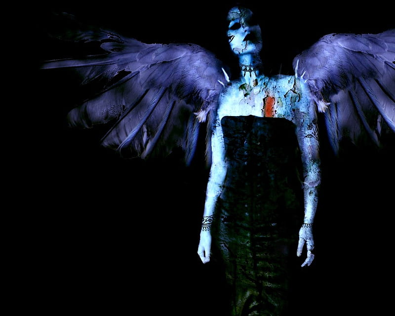 Dark Inside And Out, dark angel, tattoos, wings, angel, black, goth girl, scars, abstract, goth, fantasy, cool, dark, sad, awesome, scary, HD wallpaper