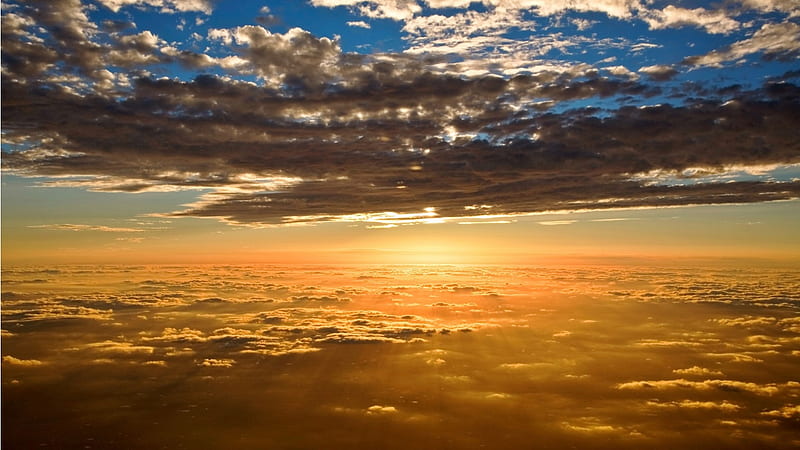 Sunset Above the Clouds, sun, sky, clouds, fluff, HD wallpaper