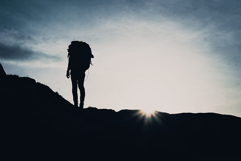 silhouette, tourist, hill, backpack, HD wallpaper