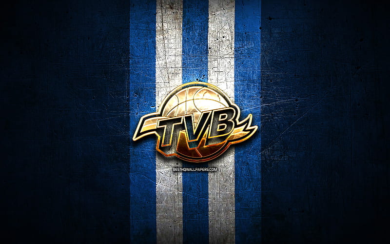 Universo Treviso Basket, golden logo, LBA, blue metal background, italian basketball club, Lega Basket Serie A, Universo Treviso Basket logo, basketball, HD wallpaper