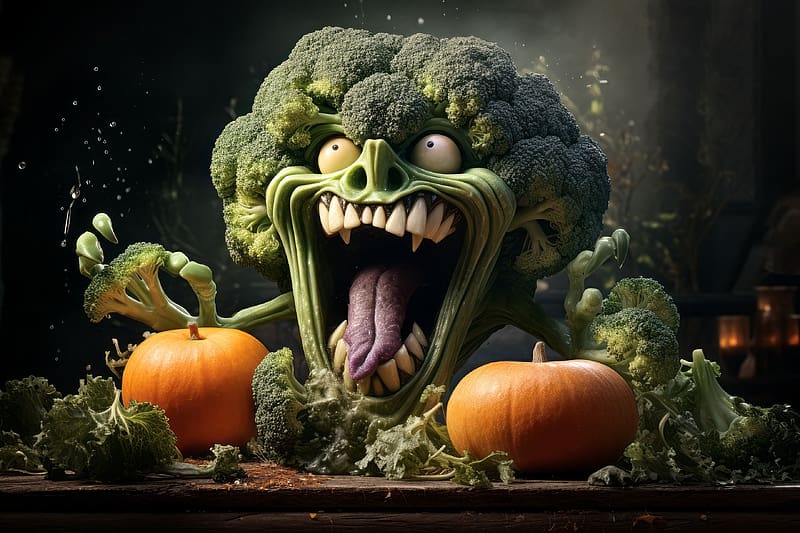 Halloween broccoli, halloween, fantasy, green, pumpkin, broccoli, face, funny, orange, HD wallpaper