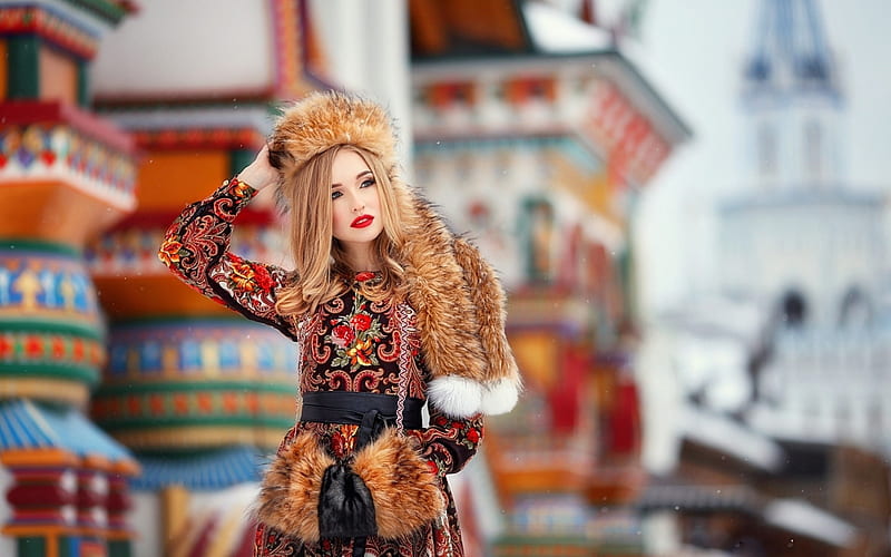 Anastasia Grosheva, dress, blonde, make-up, hat, hair, bokeh, snowflakes, belt, beauty, fur, HD wallpaper