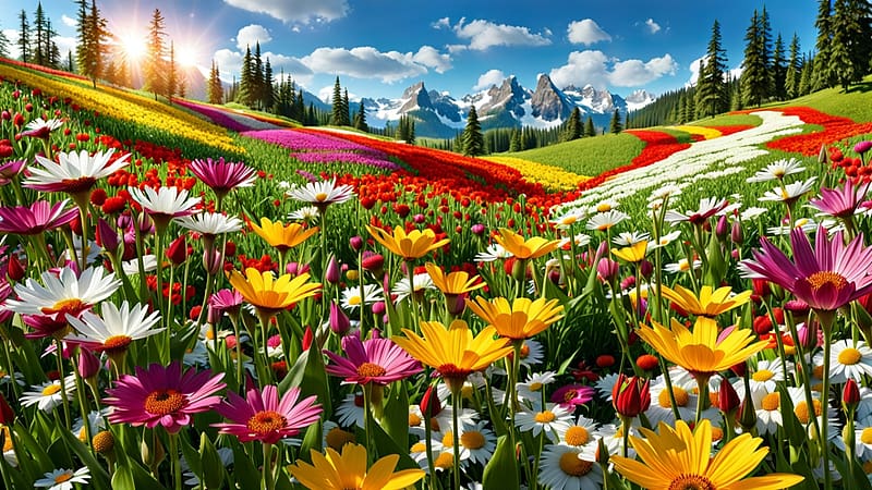 Flower meadow in full bloom, egbolt, tajkep, piros, havas hegyek, szepseg, domboldal, erdo, szines viragok, napsugarak, lila, ret, fenyok, vadviragok, napfeny, sarga, feher, mezo, HD wallpaper