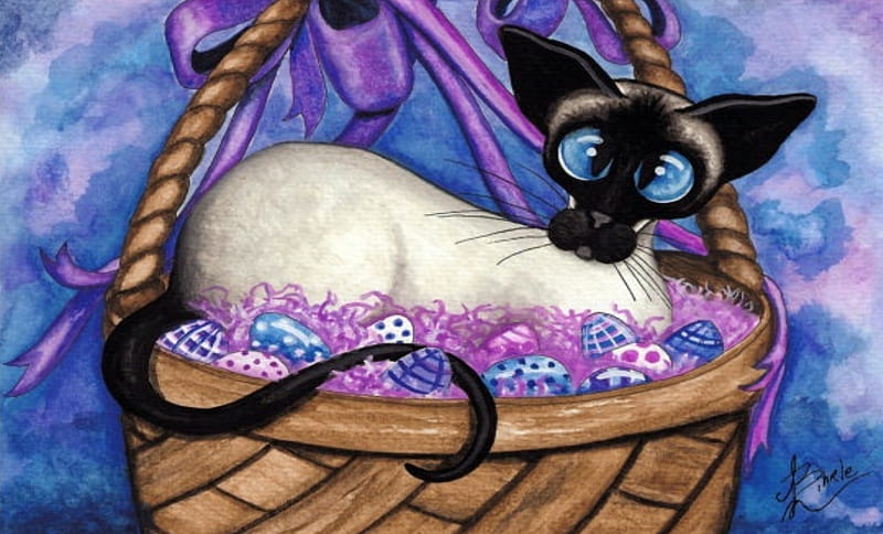 Siamese Cat Baskets, Purple, Siamese, Brown, White, black, Funny, Cute, Eggs, Cats, Bow, Cat, Animals, HD wallpaper