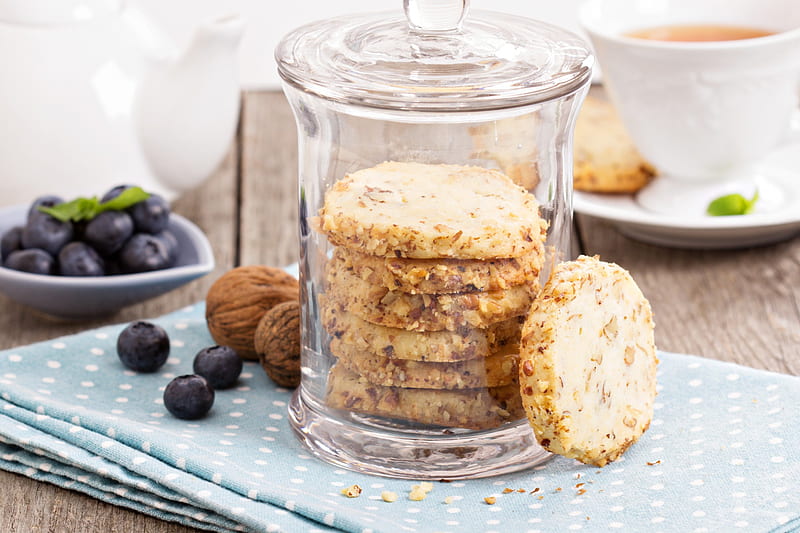 Cookie Jar, delicious, food, fruits, walnut, tea, sweet, dessert, glass, cookies, blueberry, jar, HD wallpaper