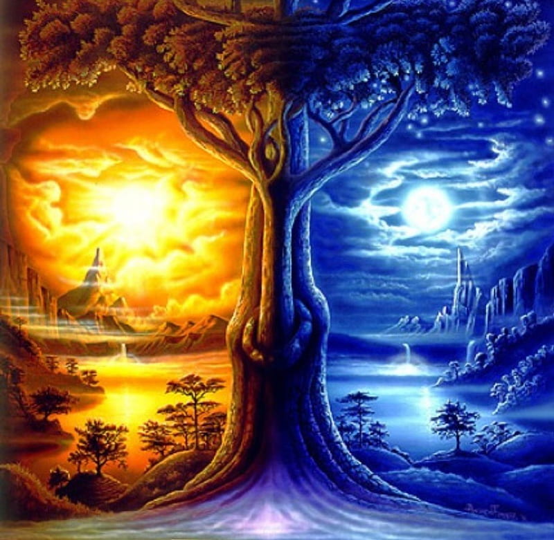 Tree of Life, tree, fantasy, moon, life, day, bonito, sunshine, night, HD wallpaper